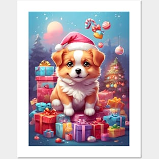 Cute Puppy with Santa Hat and Christmas Gifts Posters and Art